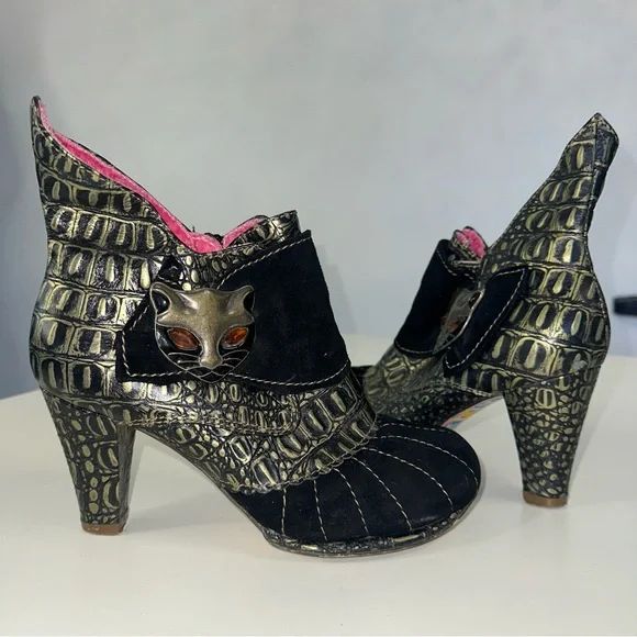 Irregular Choice Miaow Black and Gold Women's Aligator Heeled Ankle Boots 37 - Picture 2 of 9